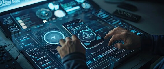 An image of the latest technology, which reminds the viewer of the current achievements. In the foreground is the phone, and in the background are circuits.