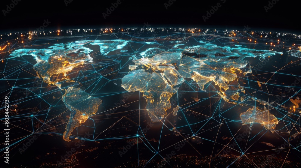 Aufkleber A digital world map with lines of communication connecting continents, illustrating seamless global connectivity without borders.