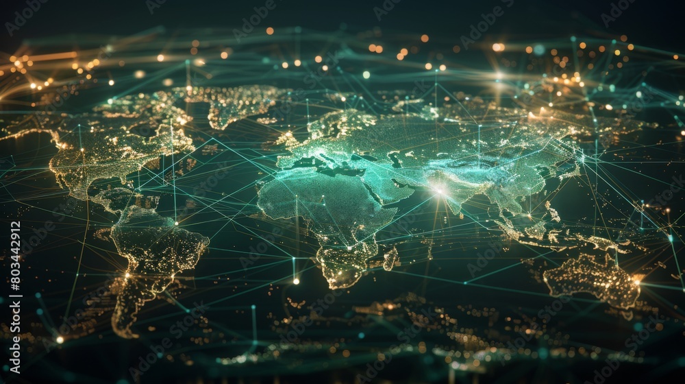 Aufkleber A digital world map with lines of communication connecting continents, illustrating seamless global connectivity without borders.
