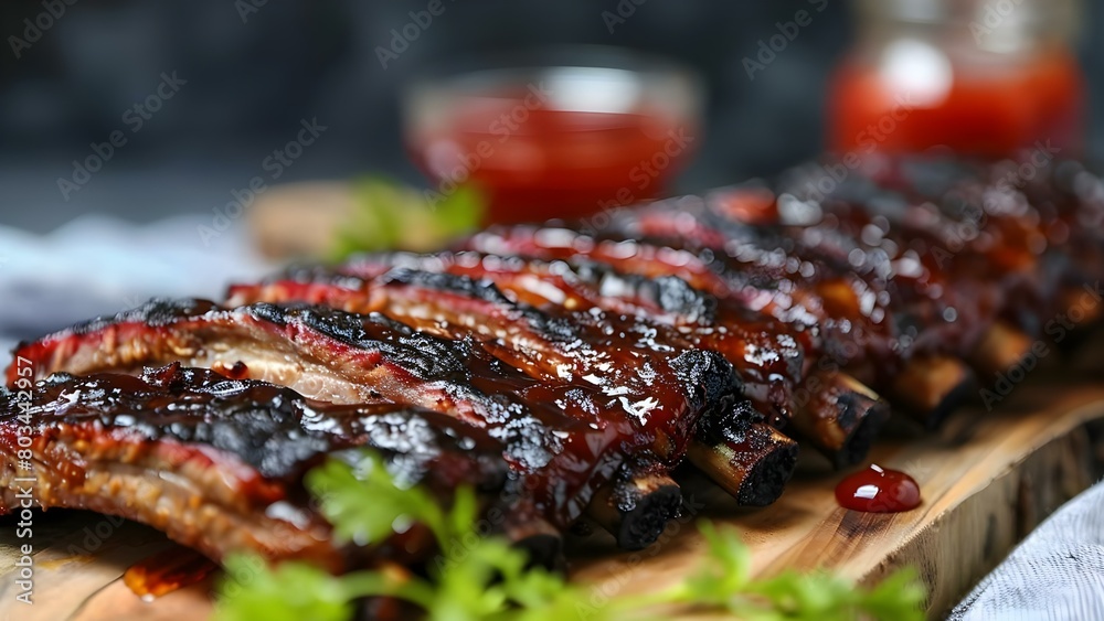 Canvas Prints Honey-caramelized Grilled BBQ Beef Ribs with Ketchup Presentation. Concept Beef Ribs Recipe, BBQ Techniques, Ketchup Recipes, Honey Caramelization, Grilling Tips - Canvas Prints