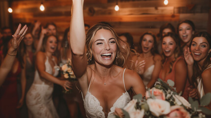 A fun and energetic image of the bride tossing her bouquet to a group of eager single women, with smiles and laughter all around.