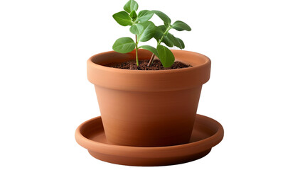 A clay flower pot with a saucer on a transparent background. PNG format, This PNG file, with an isolated cutout object on a transparent background. 