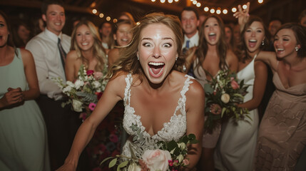 A fun and energetic image of the bride tossing her bouquet to a group of eager single women, with smiles and laughter all around.