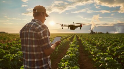 A farmer monitoring crops with satellite-enabled precision agriculture technology, optimizing resource management for higher yields.