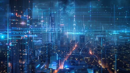 A futuristic city skyline with holographic communication displays, representing advanced technology erasing physical borders.