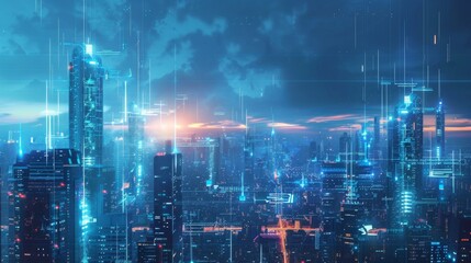 Obraz premium A futuristic city skyline with holographic communication displays, representing advanced technology erasing physical borders.