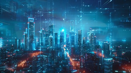 A futuristic city skyline with holographic communication displays, representing advanced technology erasing physical borders.