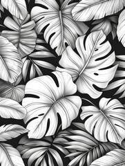 Intricate Black and White Tropical Leaves Drawing