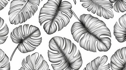 Detailed Black and White Drawing of Tropical Leaves