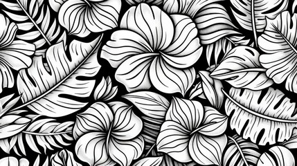 Monochrome Drawing of Flowers and Leaves