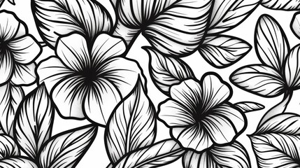 Detailed Black and White Tropical Flowers Drawing