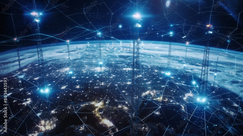 Poster a global network of interconnected communication towers and satellites, facilitating seamless connec