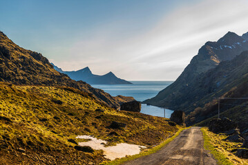 nature sceneries inside the area surroundings the Hauckland Beach, Leknes, Lofoten Islands, Norway, during the spring season