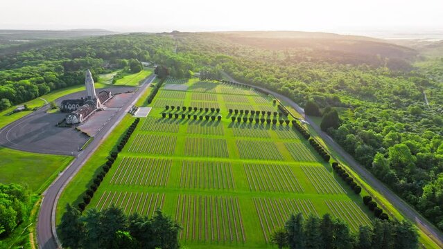 Aerial view of Douaumont Ossuary in France. French military cemetery. Battle of Verdun. Tomb of unknown French and German soldiers. Crosses on the graves at Ossuary, Verdun France.