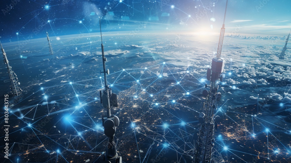 Poster a global network of interconnected communication towers and satellites, facilitating seamless connec