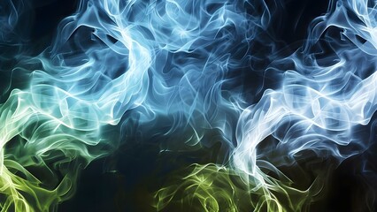 Abstract Light Blue, White, and Lime Green with Glowing Waves and Smoke on Black Background. Concept Abstract Art, Light Blue, White, Lime Green, Glowing Waves, Smoke, Black Background