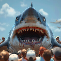 A 3D animated cartoon render of a surprised crowd observing a Tasmanian devil alerting them about a shark.
