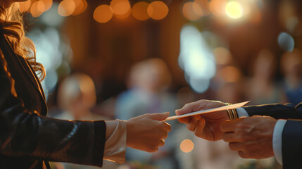 A person receiving an award or certificate of appreciation at a formal recognition ceremony. capturing honor and pride as the recipient is acknowledged for their contributions, achievements