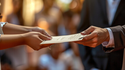 A person receiving an award or certificate of appreciation at a formal recognition ceremony. capturing honor and pride as the recipient is acknowledged for their contributions, achievements