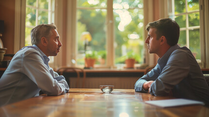 A photograph depicting a mediated discussion or negotiation between individuals in conflict. The image conveys the importance of effective communication in resolving disputes.