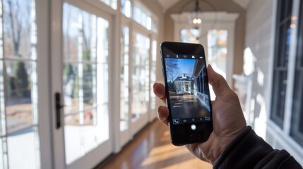 A homeowner accessing a live feed from their home security camera system on their smartphone, ensuring peace of mind while away.