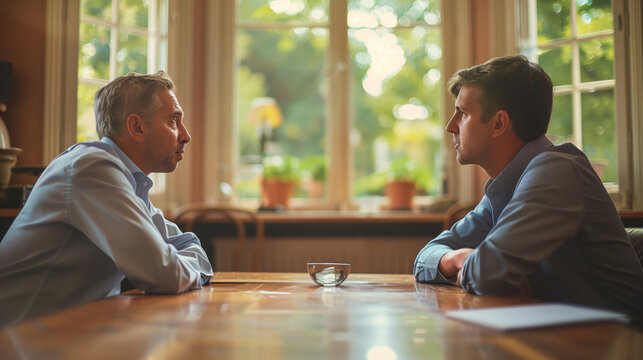 A photograph depicting a mediated discussion or negotiation between individuals in conflict. The image conveys the importance of effective communication in resolving disputes.