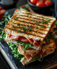 Grilled Sandwich With Meat and Vegetables on a Black Plate