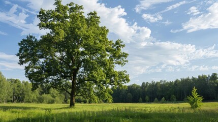 Fototapeta premium Lonely green oak tree in forest meadow