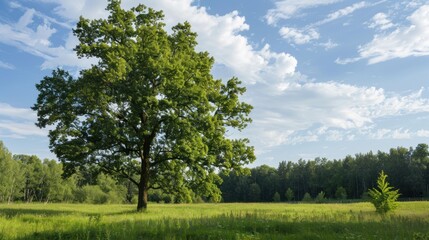 Lonely green oak tree in forest meadow