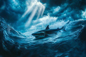 A striking view of a solitary shark swimming through stormy blue water, with waves crashing above and rays of sunlight illuminating the scene. - obrazy, fototapety, plakaty