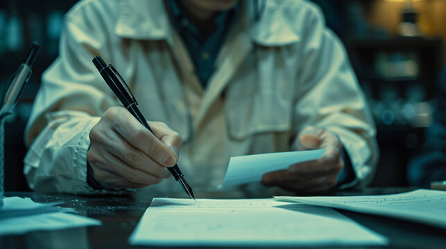 person sitting at desk, pen in hand, writing a letter or note. The image emphasizes the act of writing as a form of communication, showcasing the tactile connection between the writer and the message