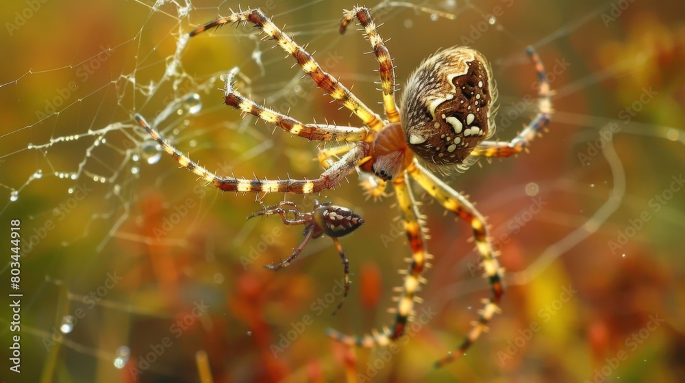 Poster A macro shot of a garden spider capturing prey in its sticky web, demonstrating the efficiency of its hunting strategy in the natural world.