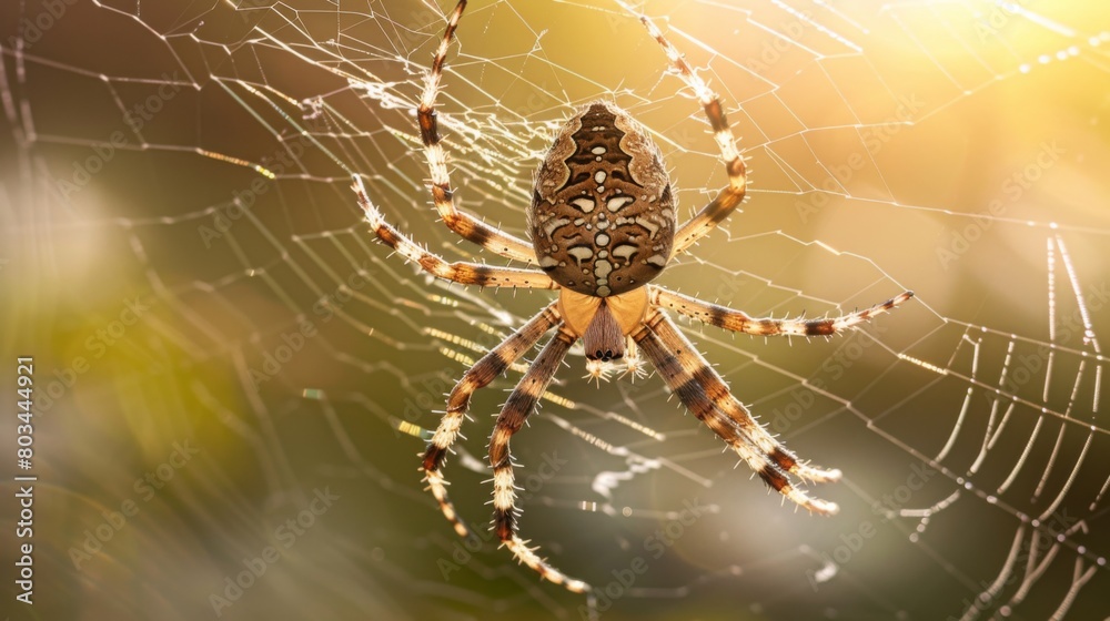 Poster A macro shot of a garden spider capturing prey in its sticky web, demonstrating the efficiency of its hunting strategy in the natural world.
