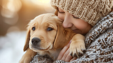 Obraz premium A person cuddling a playful puppy, faces beaming with delight and affection, radiating joy and happiness as the bond between human and animal brings warmth and companionship.