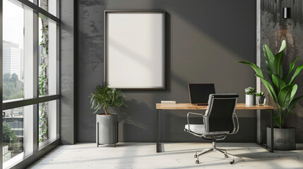 a mockup showcasing a poster frame hanging on a wall in a modern office setting