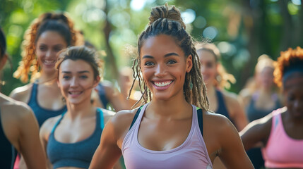 A group of people participating in a fitness class like Zumba or boot camp, led by an enthusiastic instructor, showcasing camaraderie and motivation as they move together towards fitness goals.
