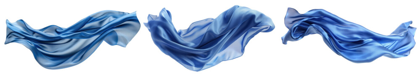 Blue long silk or satin fabric floating in the air, transparent or isolated on white background