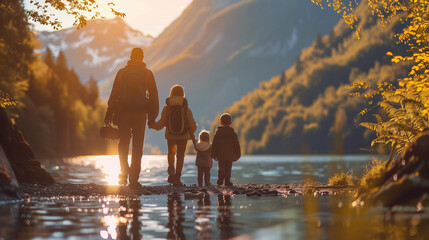A family exploring nature together, whether hiking in the mountains or playing on the beach, bonding over shared adventures and enjoying the beauty of the natural world