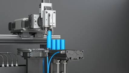 Automatic production line on a dark background with copy space. Pack of blue lithium batteries. Linear motion system, pneumatic actuator and gripper. 3d render