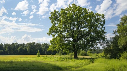 Fototapeta premium Lonely green oak tree in forest meadow
