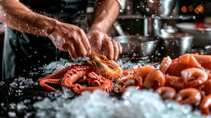 A professional chef prepares assorted seafood - octopus, shrimp and pieces of red fish. Seafood in frozen flight on a black background. Sea food. Healthy food, vegetarian food.
