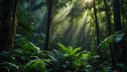 Mysterious depths of a dark rainforest, where sun rays pierce through the dense canopy, illuminating lush jungle greenery in an atmospheric fantasy forest.