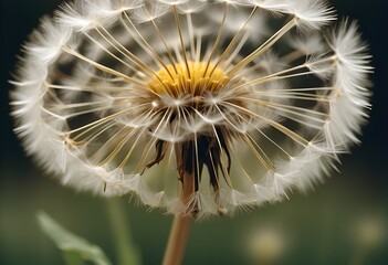 Close-up of a Common Dandelion (Taraxacum officinale) with Seeds Dispersing in the Wind