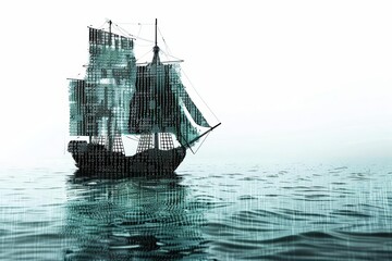 A digital galleon sails across a sea of binary code. The ship is made entirely of code, and the waves are made of zeros and ones. The ship is flying a flag that says "Data".