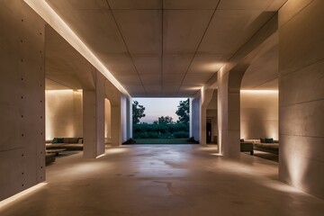 Modern, minimalist space with polished concrete, textured walls, and soft lighting Elegance and tranquility