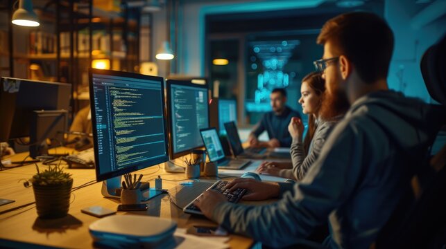 Programmer working with software development and data coding in office AIG41
