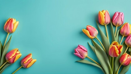 Spring tulip flowers on Turquoise background, view banner for Mother's Day, International Women's Day, Valentine's Day for website, header created with generative ai