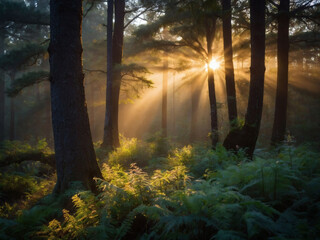 Nature's awakening, a tranquil forest greeted by the gentle embrace of sunrise.