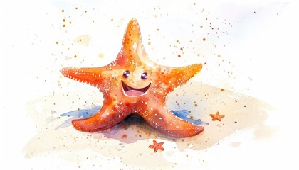 A watercolor of a kawaii starfish, smiling playfully on the sandy ocean floor, on a white background