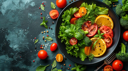 Fresh Cherry Tomato, salad with green lettuce mix and red onion. served on plate. healthy food.